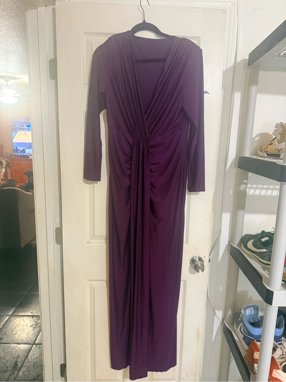 Elegant Deep Purple Long Sleeve Wrap Maxi Dress